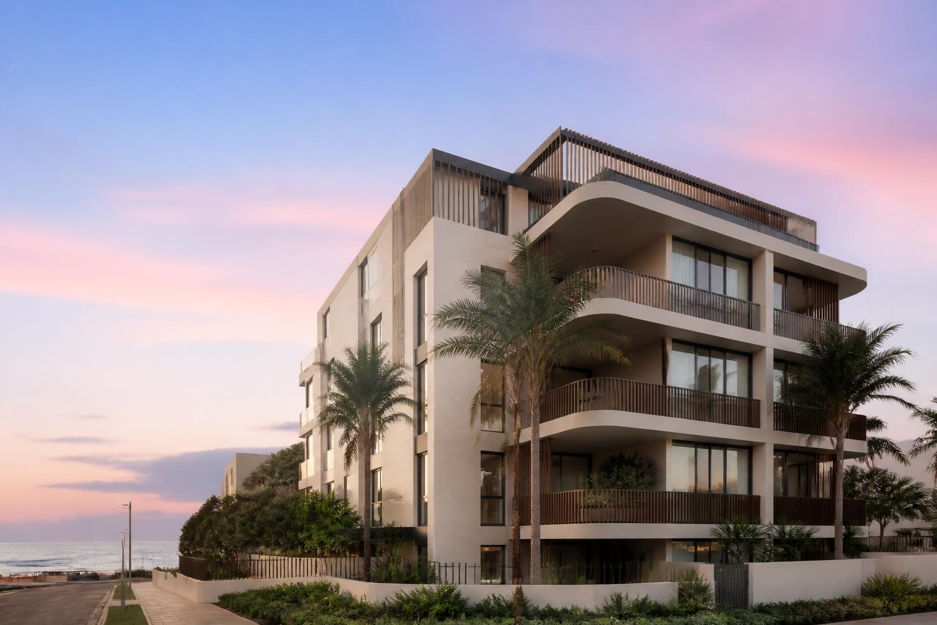 Modern coastal residential apartment building in New South Wales at sunrise