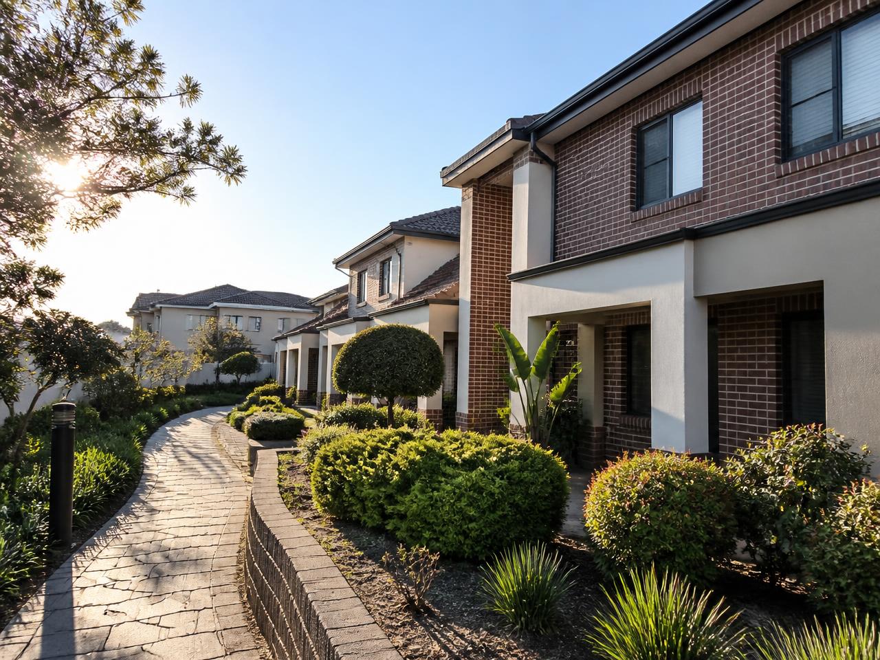 Well-maintained residential strata townhouse complex and common property garden